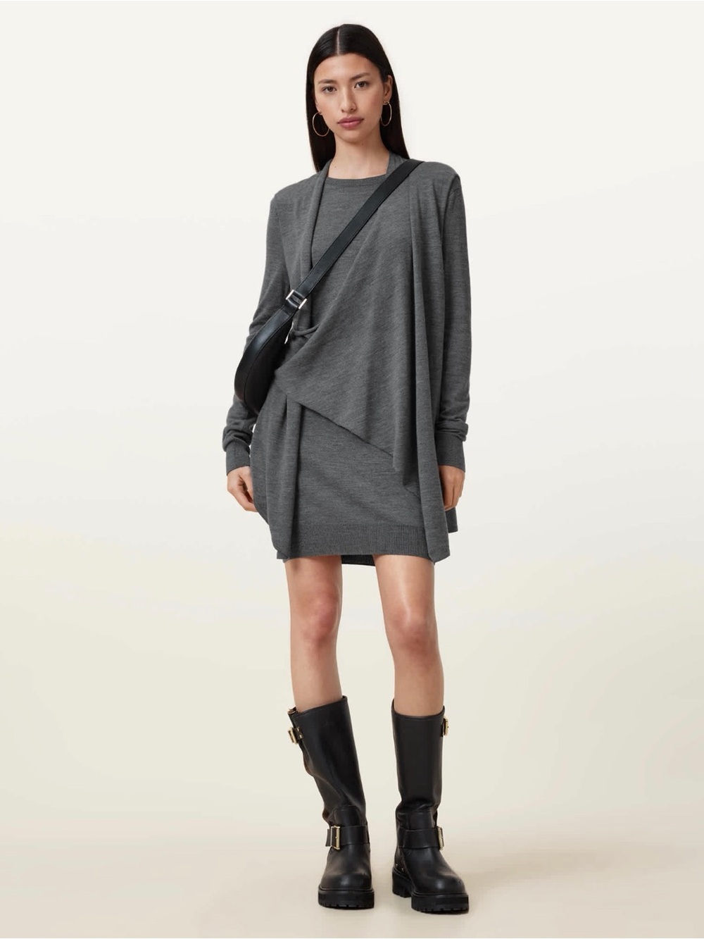 GT-0144 AllSaints Drina Dress US 8 Gray Wool Draped Asymmetric Zip